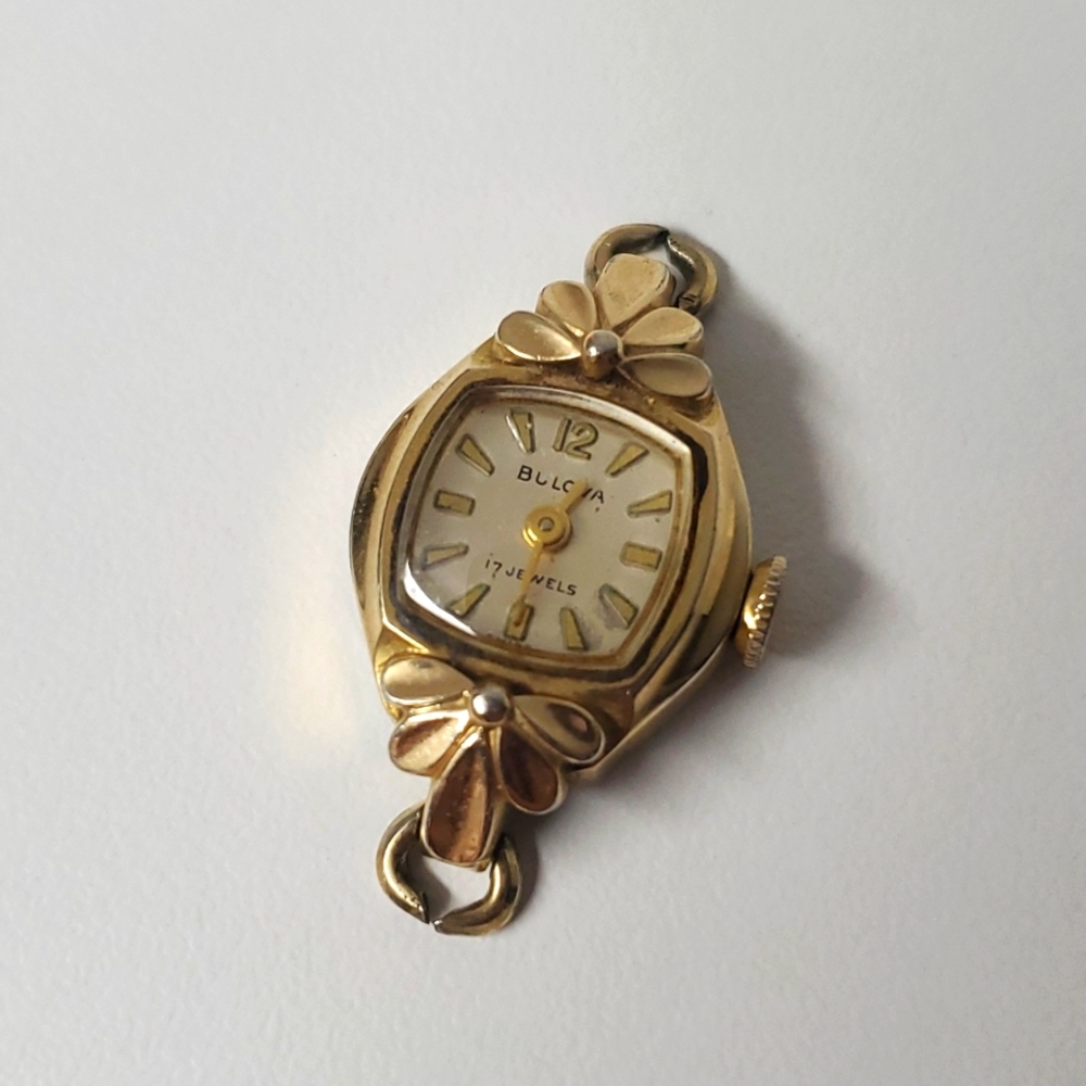 VINTAGE 10k rose gold plated art deco flower Bulova watch face